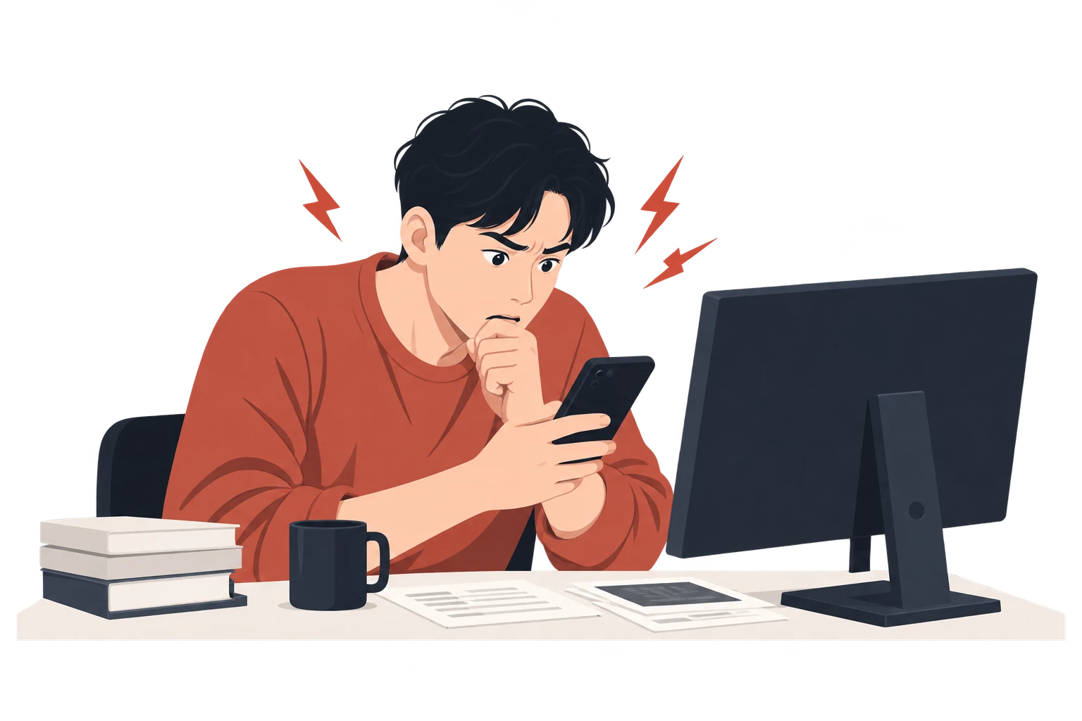 휴대폰과 모니터의 여러 자극 사이에서 급하게 종목을 살펴보는 트레이더의 개념 일러스트